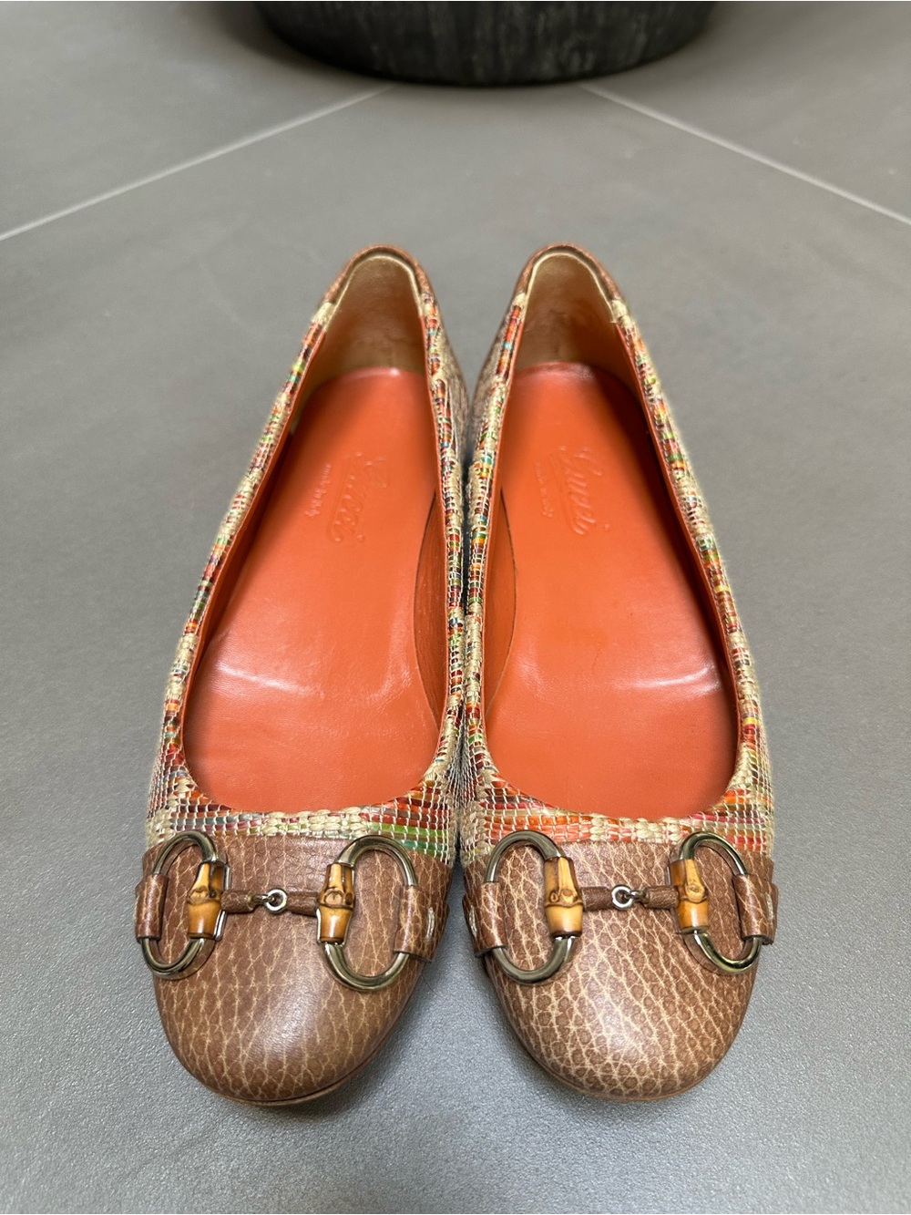 Gucci Vintage GG Straw Woven Bamboo Horsebit ballet flat